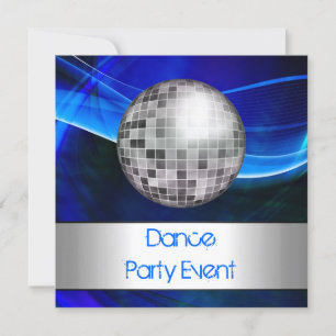 Invitation Dance Party Event Blue Silver Mirrorball