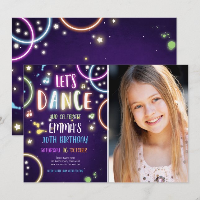 Invitation Dance Party Neon Glow Disco Anniversaire Invitatio (Devant / Derrière)