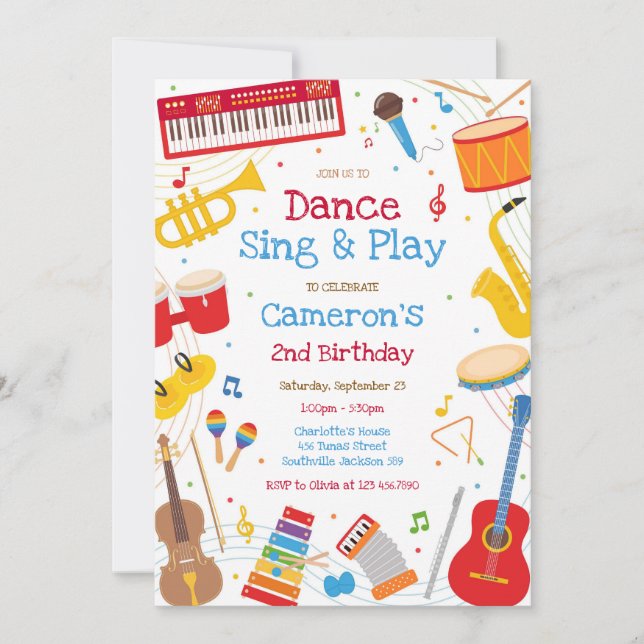 Invitation Dance Sing Play Musical Instrument Birthday Party  (Devant)