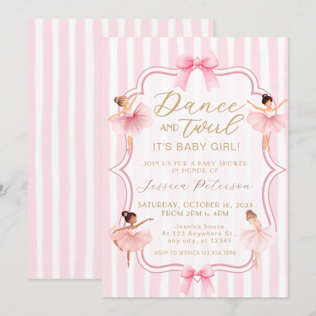 Invitation Dance & Twirl Pink Ballerina Ballet Baby Shower (Devant / Derrière)