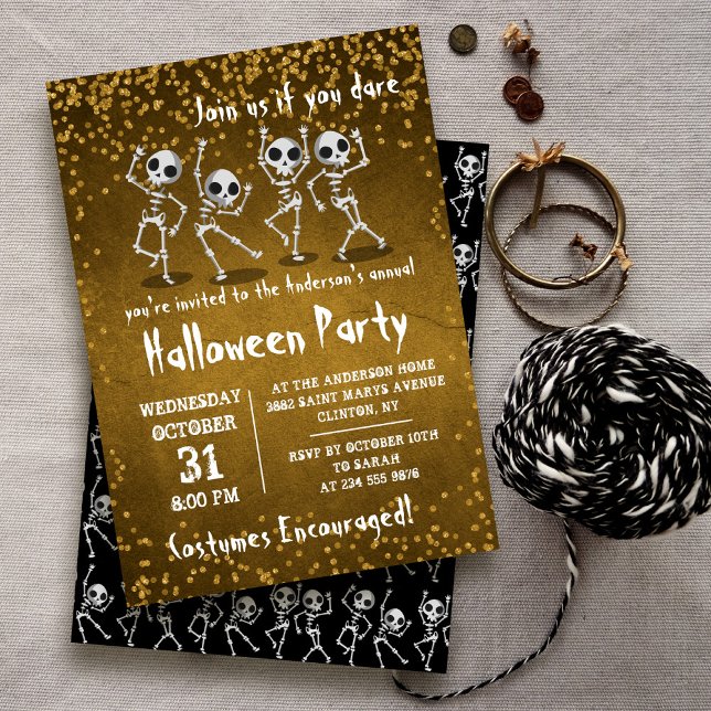 Invitation Dancing Skeleton Gold Parties scintillant Hallowee (Créateur téléchargé)