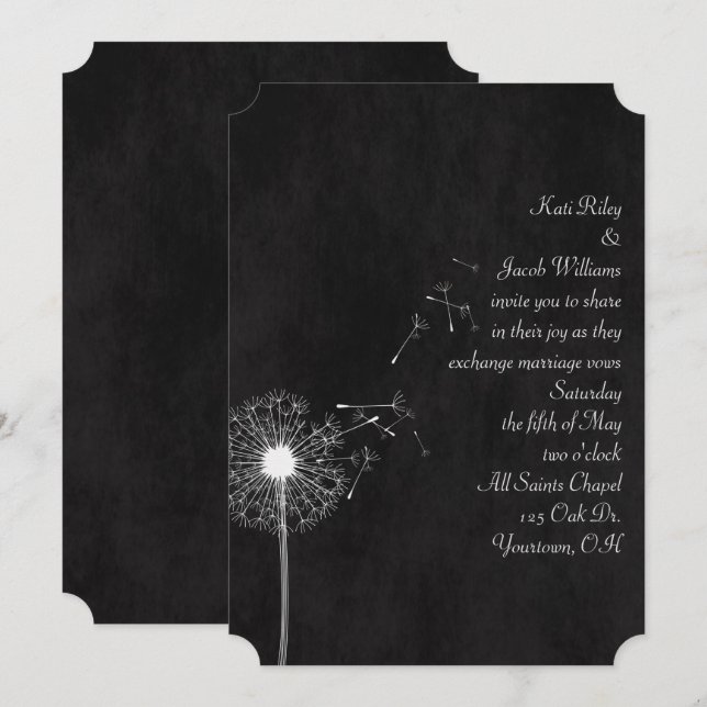 Invitation Dandelion blanc sur noir (Devant / Derrière)