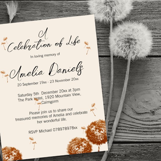 Invitation Dandelion Seeds Celebration of Life Card (Créateur téléchargé)