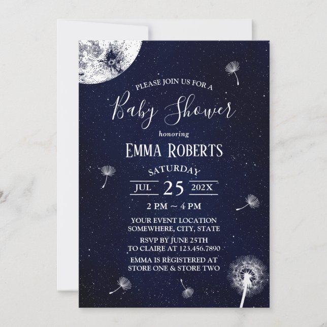 Invitation Dandelion soufflant Starry Baby shower de nuit (Devant)