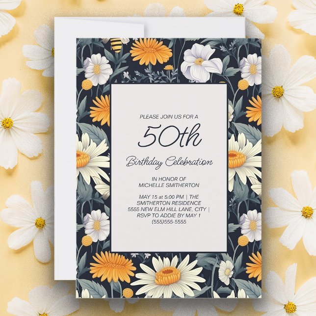 Invitation Dandelions Daisies Marine Bleu Adulte 50e Annivers (Yellow dandelions and white daisies on navy blue 50th birthday party invitation)