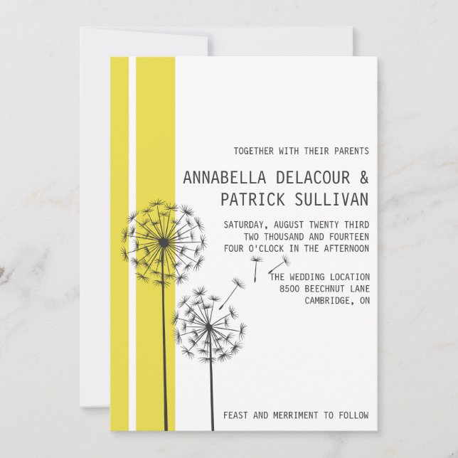 Invitation Dandelions rétro minimaliste jaune Mariage (Devant)
