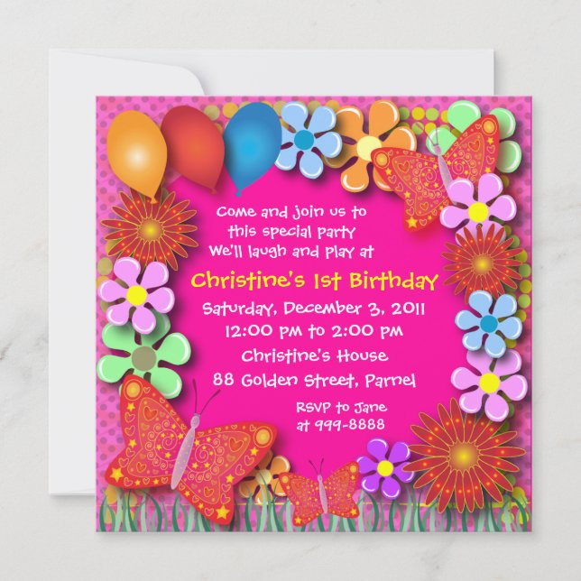 Invitation d'anniversaire : 003C Papillons et fleu (Devant)