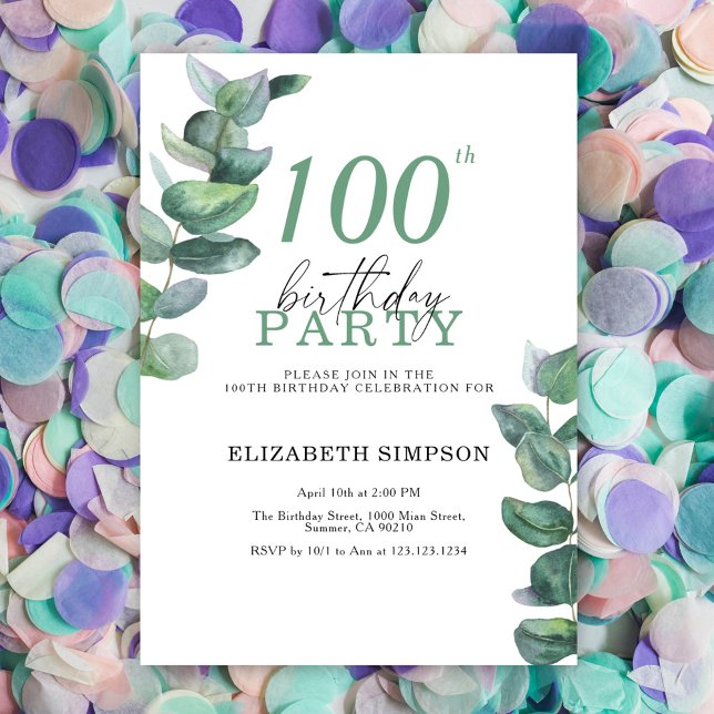 Invitation d'anniversaire 100 ans à l'aquarelle eu (Créateur téléchargé)