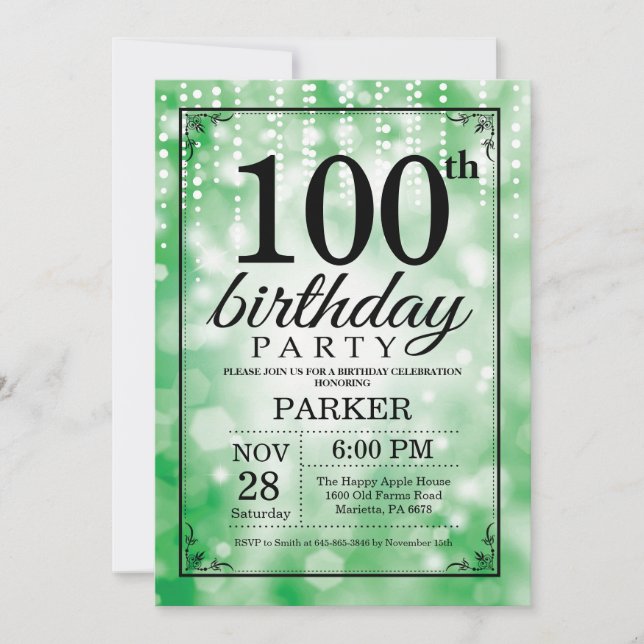 Invitation d'anniversaire 100 ans avec paillettes  (Devant)