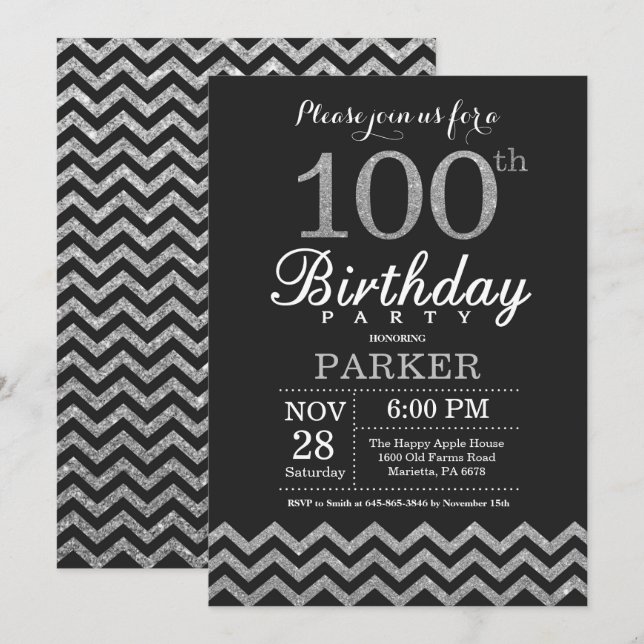 Invitation d'anniversaire 100 ans avec paillettes  (Devant / Derrière)