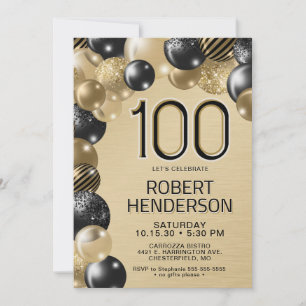 Invitation d'anniversaire 100 ans Ballons Or et No