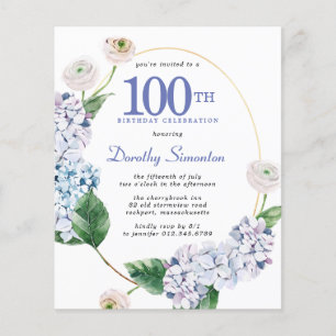 Invitation d'anniversaire 100 ans Budget Hydrangea