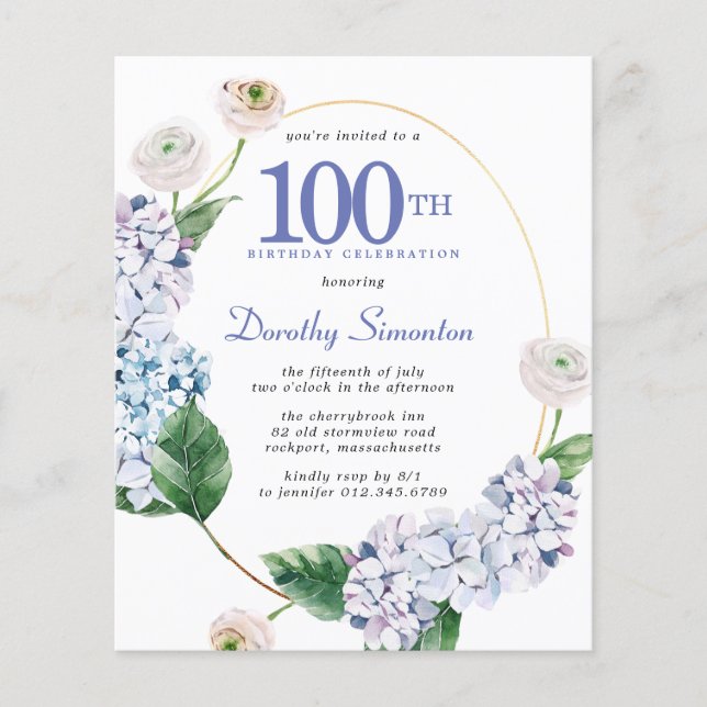 Invitation d'anniversaire 100 ans Budget Hydrangea (Devant)