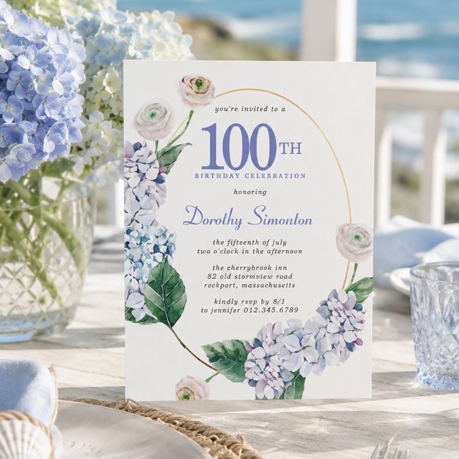 Invitation d'anniversaire 100 ans Budget Hydrangea (Créateur téléchargé)