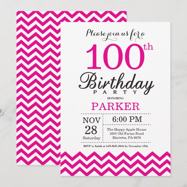Invitation d'anniversaire 100 ans Chevron rose cha (Devant / Derrière)