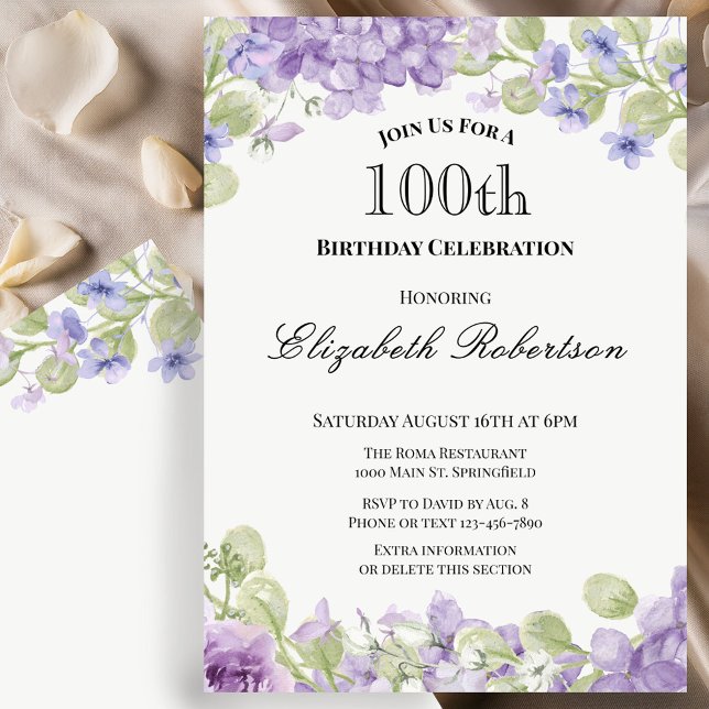 Invitation d'anniversaire 100 ans Élégante Fleur V (Créateur téléchargé)