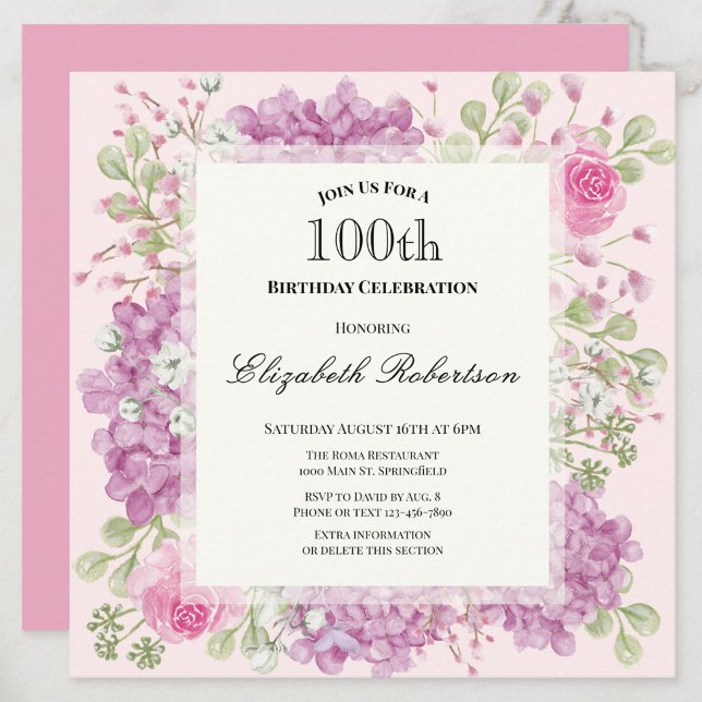 Invitation d'anniversaire 100 ans Élégantes Fleurs (Créateur téléchargé)