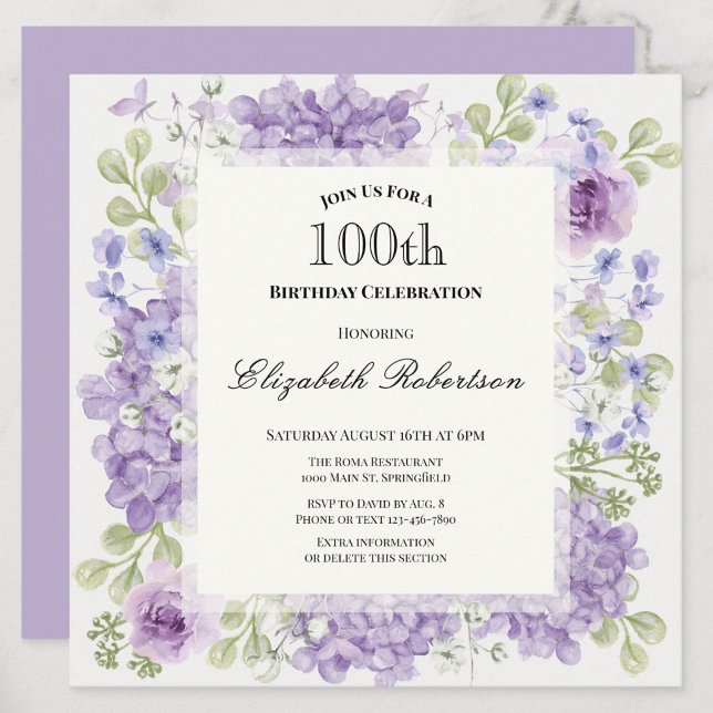 Invitation d'anniversaire 100 ans Élégantes Fleurs (Créateur téléchargé)