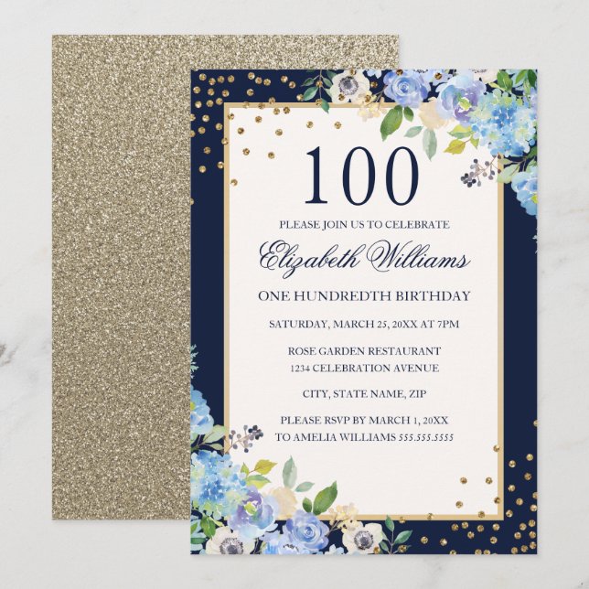 Invitation d'anniversaire 100 ans fleur bleu or sc (Devant / Derrière)