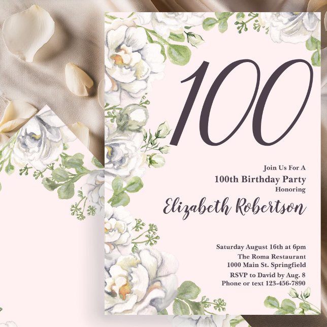 Invitation d'anniversaire 100 ans Fleur de Pivoine (Créateur téléchargé)