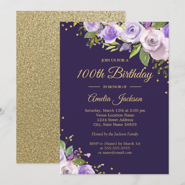 Invitation d'anniversaire 100 ans Fleur Gold Purpl (Devant / Derrière)