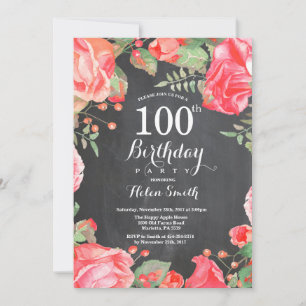Invitation d'anniversaire 100 ans Fleur Rouge Bota
