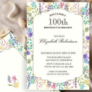 Invitation d'anniversaire 100 ans Floral Coloré
