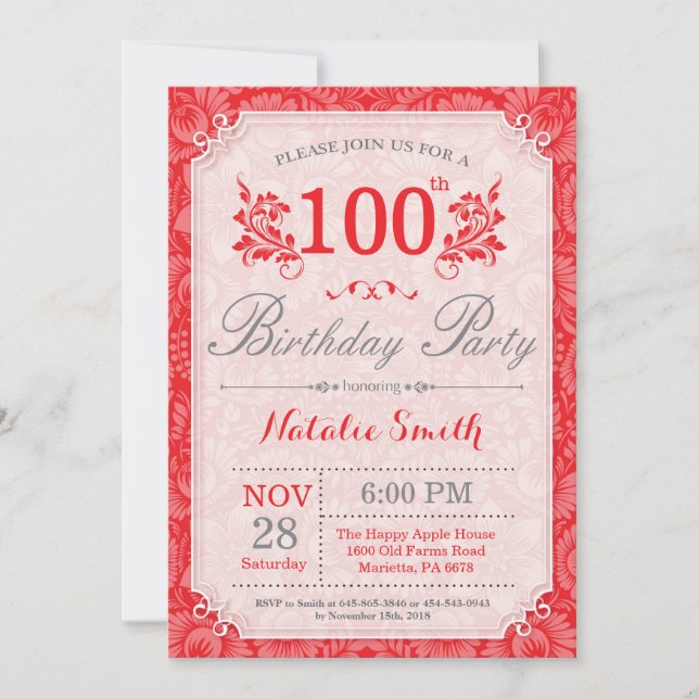 Invitation d'anniversaire 100 ans Floral Rouge pou (Devant)