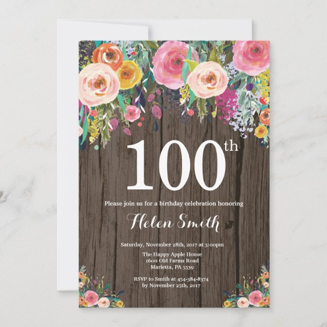 Invitation d'anniversaire 100 ans Floral Rustique (Devant)