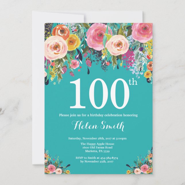 Invitation d'anniversaire 100 ans Floral Sarcelle (Devant)