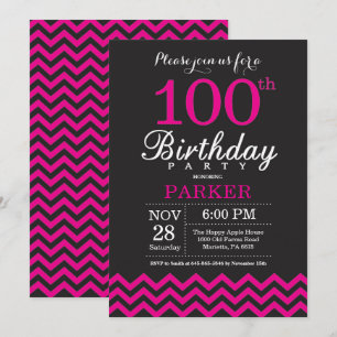 Invitation d'anniversaire 100 ans Noir et Rose Cha