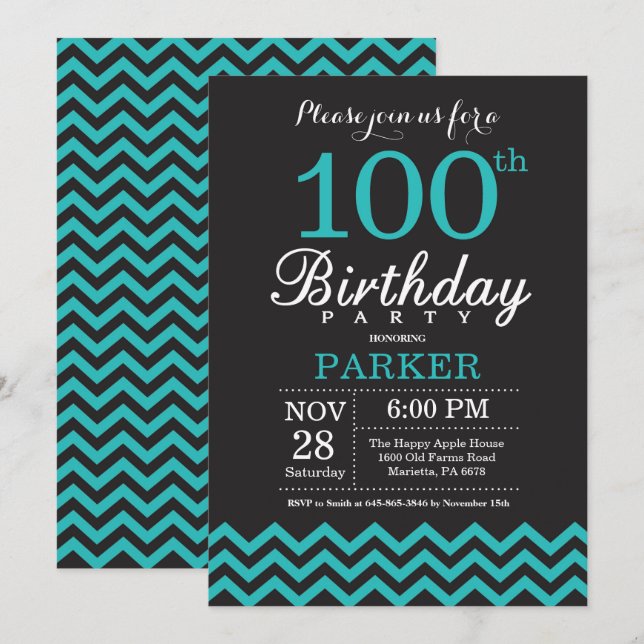 Invitation d'anniversaire 100 ans noir et sarcelle (Devant / Derrière)