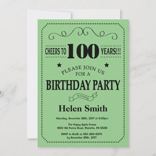 Invitation d'anniversaire 100 ans Noir et Vert (Devant)