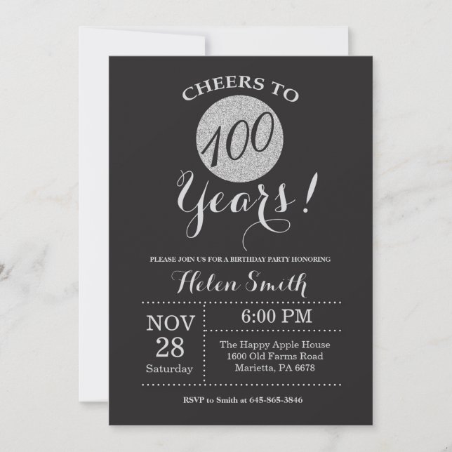 Invitation d'anniversaire 100 ans Paillettes Noir  (Devant)