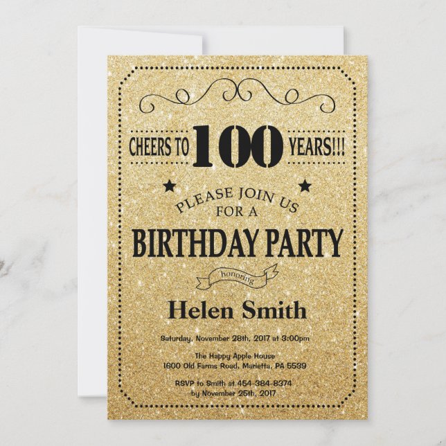 Invitation d'anniversaire 100 ans paillettes noire (Devant)
