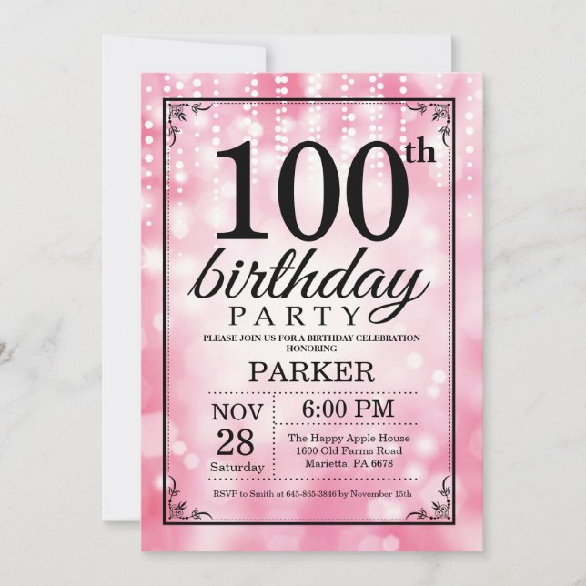 Invitation d'anniversaire 100 ans Paillettes Roses (Devant)
