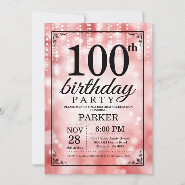Invitation d'anniversaire 100 ans Paillettes Rouge (Devant)