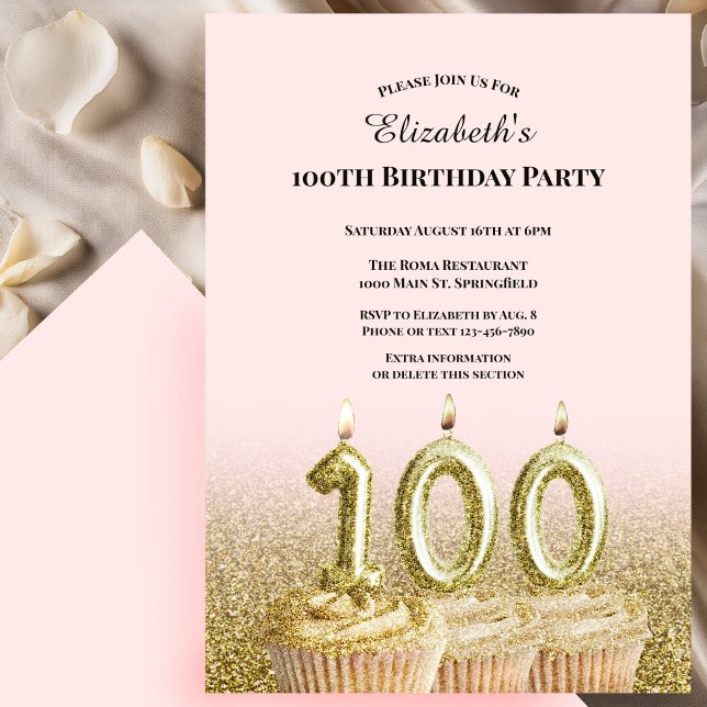Invitation d'anniversaire 100 ans pour elle rose e (Créateur téléchargé)