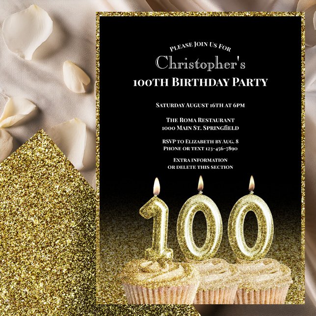 Invitation d'anniversaire 100 ans pour lui noir et (Créateur téléchargé)