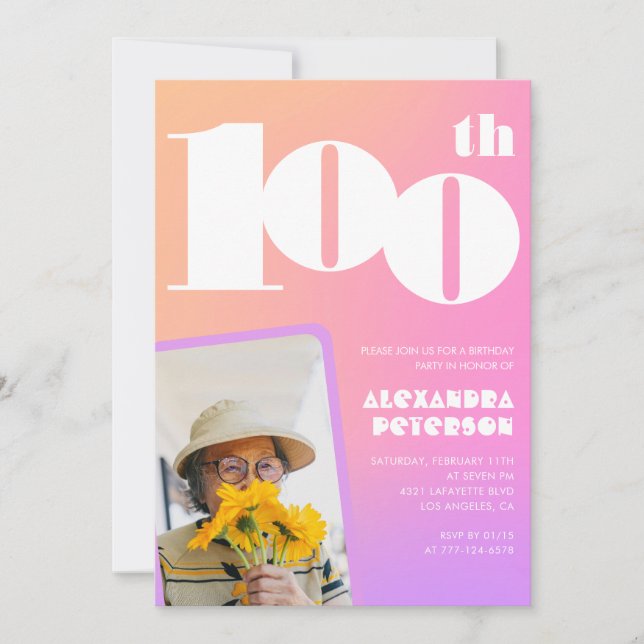 Invitation d'anniversaire 100 ans rose pour sa pho (Devant)