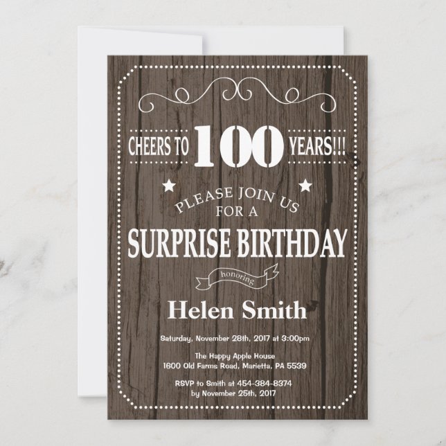 Invitation d'anniversaire 100 ans Rustic Surprise (Devant)
