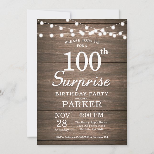Invitation d'anniversaire 100 ans Rustique Surpris (Devant)