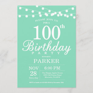 Invitation d'anniversaire 100 ans Vert Menthe