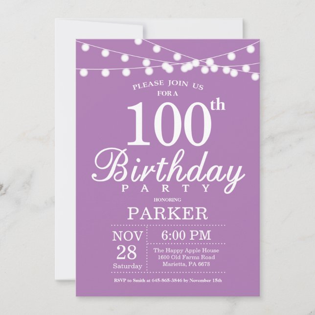 Invitation d'anniversaire 100 ans Violet Lavande L (Devant)