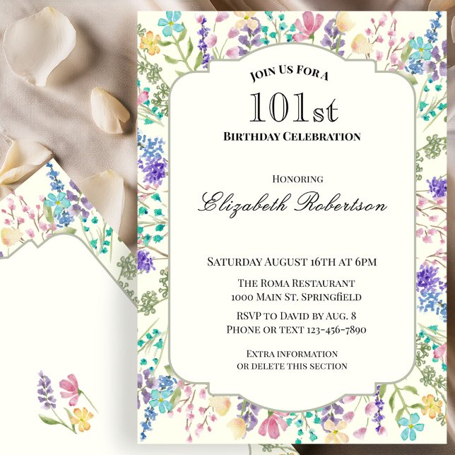 Invitation d'anniversaire 101 ans à fleurs colorée (Créateur téléchargé)
