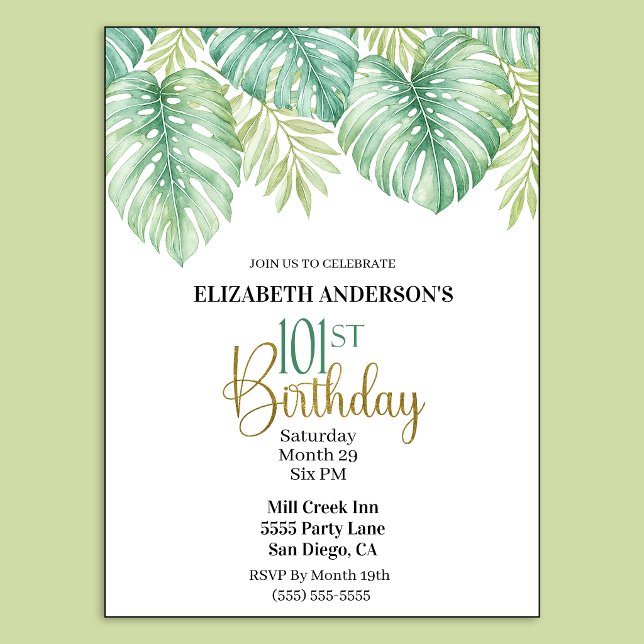 Invitation d'anniversaire 101 ans aux feuilles tro (Watercolor Tropical Leaves 101st Birthday Invitation For Women.)