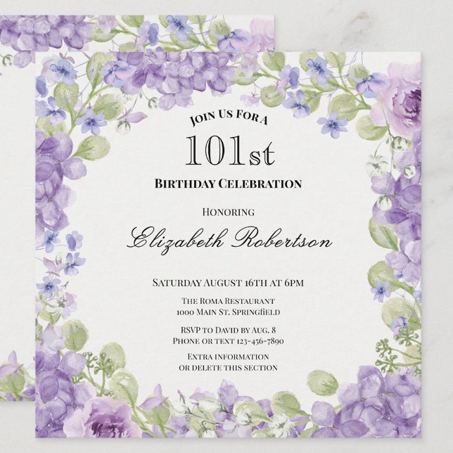 Invitation d'anniversaire 101 ans Élégante Fleur V (Créateur téléchargé)