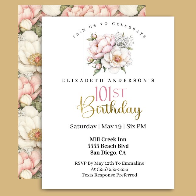 Invitation d'anniversaire 101 ans Fleur de Pivoine (Créateur téléchargé)