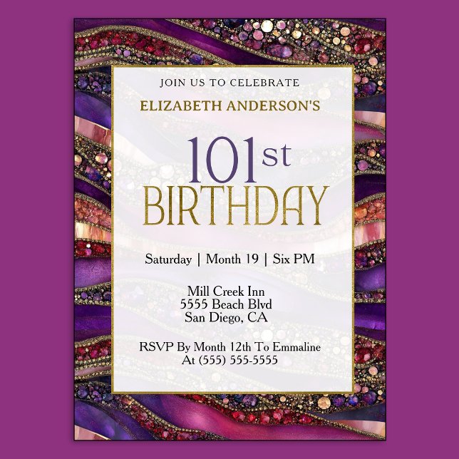 Invitation d'anniversaire 101 ans moderne violet o (Luxury purple and gold 101st birthday invitation with jeweled marble design and elegant style.
)