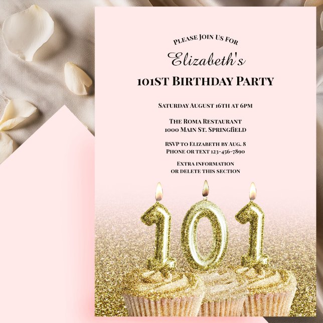 Invitation d'anniversaire 101 ans rose et or pour  (Créateur téléchargé)